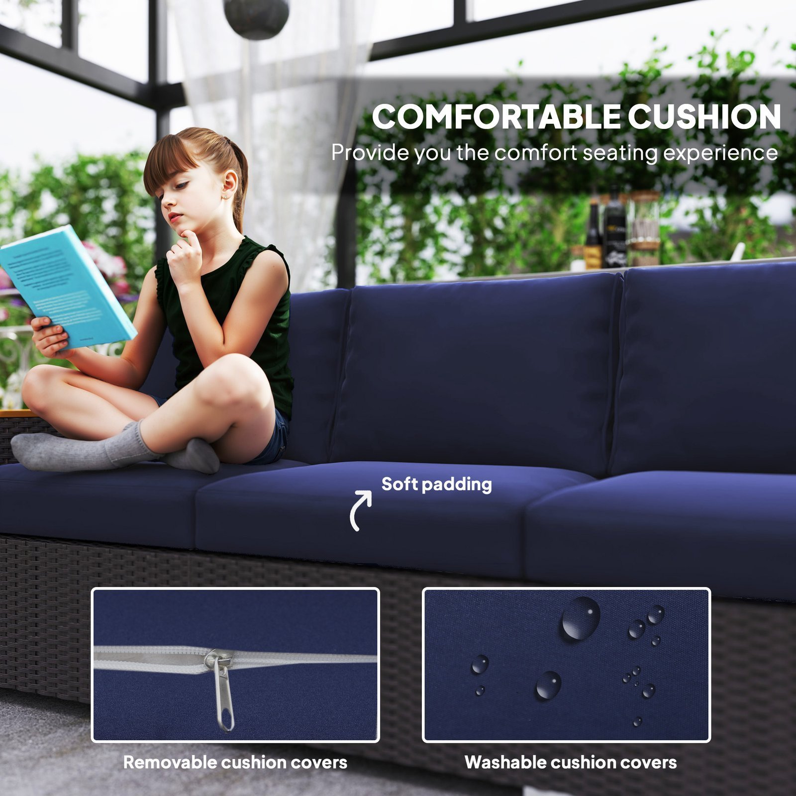 3-Seat Outdoor Patio Sofa With Cushions, PE Rattan Wicker Sofa With Wide Armrests, Outdoor Wicker Couch, Navy Blue - Image 5