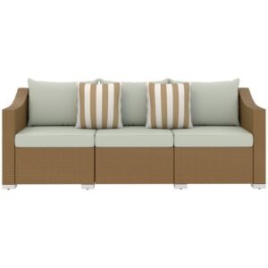 Rattan Wicker 3 Seater Patio Couch With Cushions, 2 Throw Pillows, Outdoor Furniture Rattan Sofa, Light Gray
