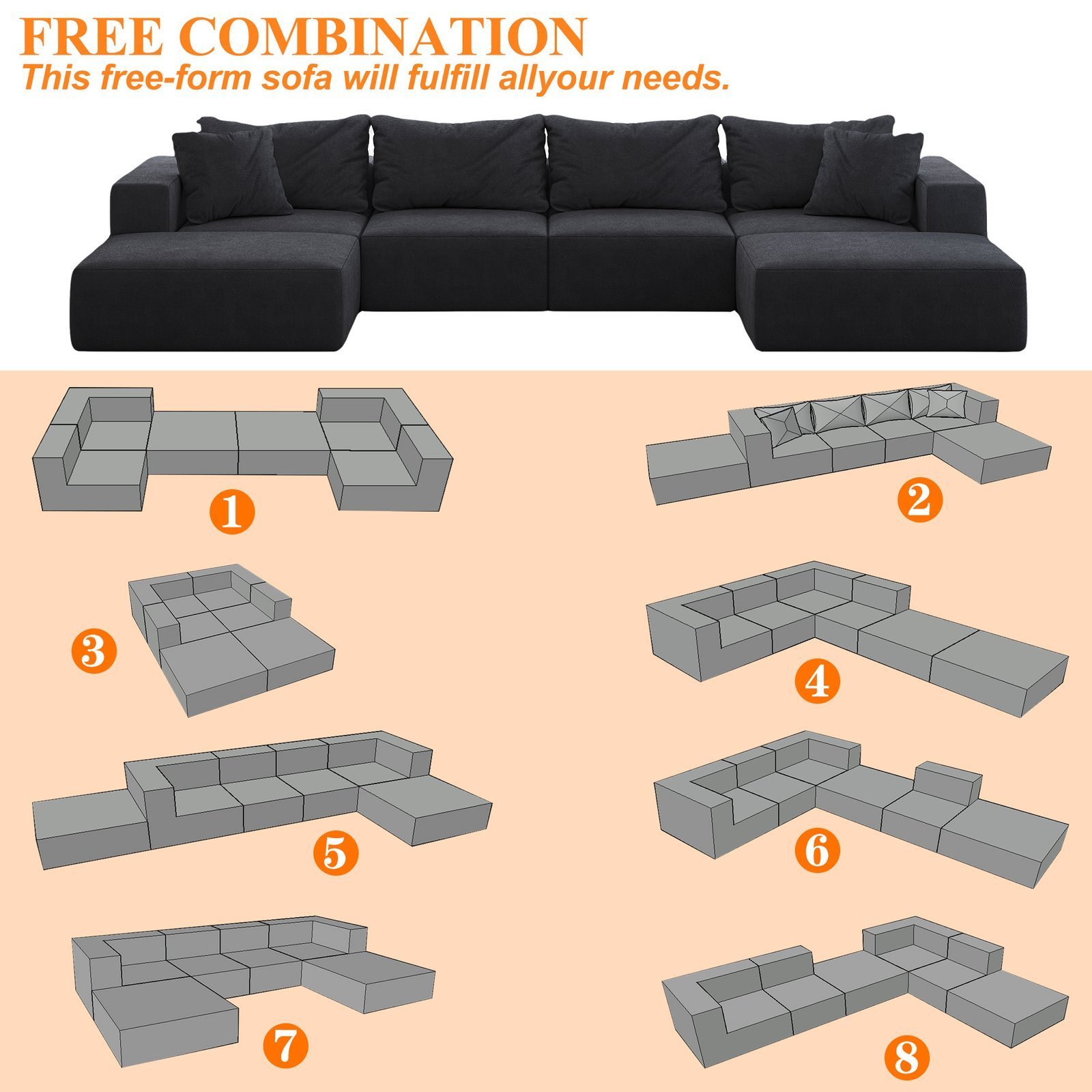 Oversized Sponge Cloud Sofa,Modern Upholstered Sectional Sofa Couch Set,Modular 162 L Shaped Sectional Living Room Sofa Set With 6 Pillows,Free Combination Sofa Couch For Living Room,Bedroom - Image 2