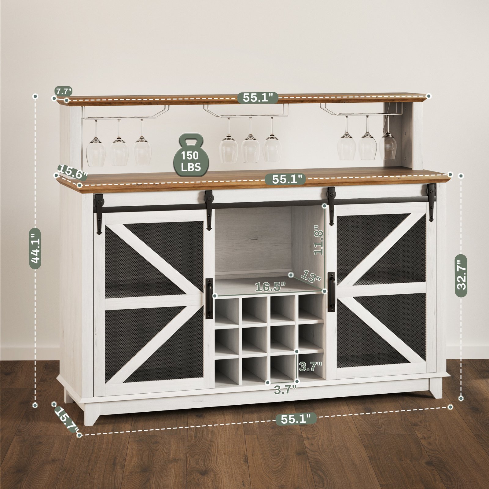 55" Coffee Bar Cabinet with Lights, Farmhouse Wine Cabinet with Wine and Glass Racks for Kitchen, Dining Room, White - Image 7