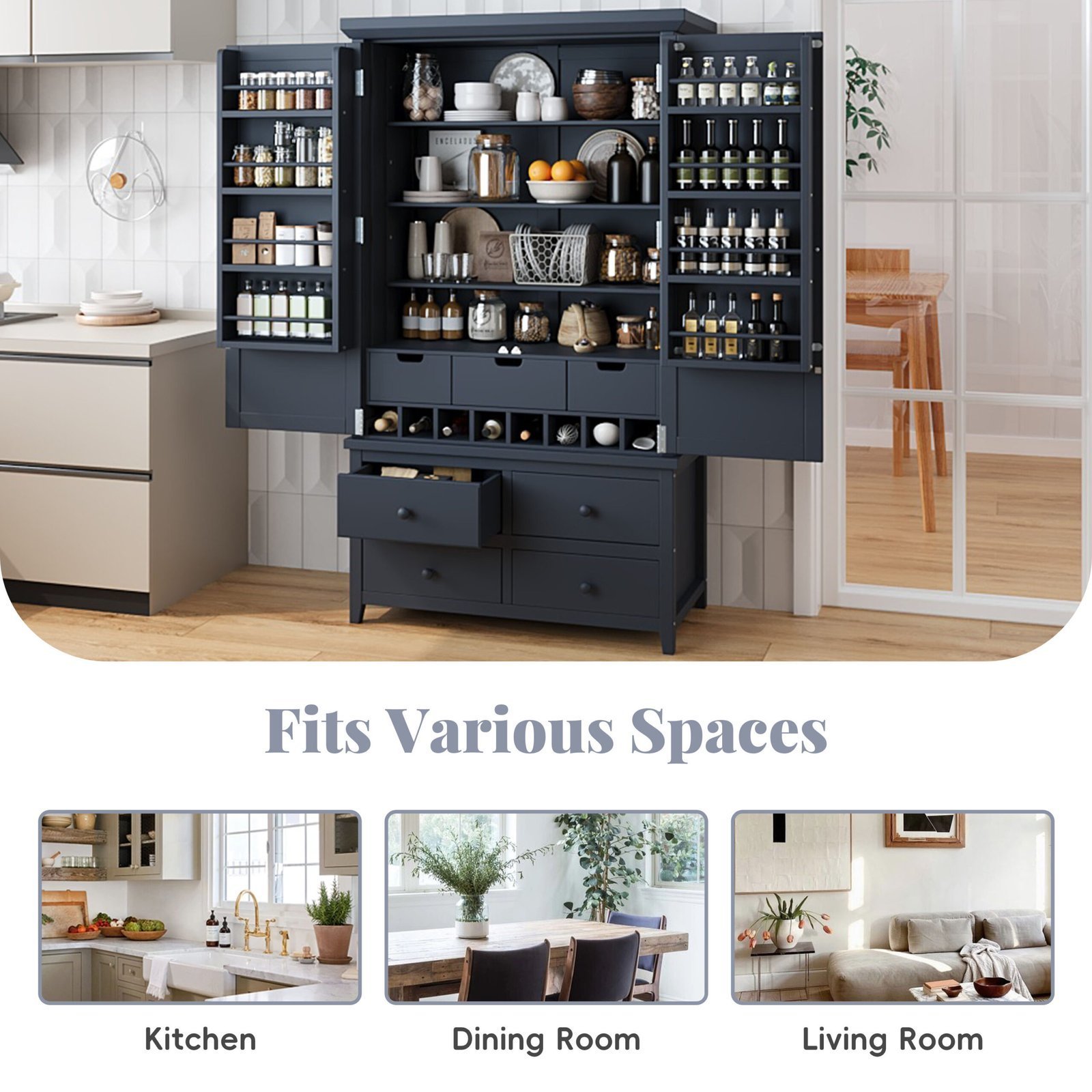Assembly&Show Video Available TOPMAx Freestanding Large Kitchen Pantry Wooden Kitchen Storage Cabinet Cupboard With 8 Door Shelves 3 Adjustable Shelves 7 Drawers& 8 Wine Racks Gray - Image 3