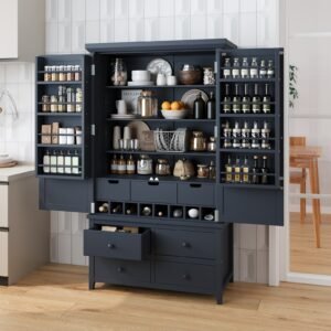 Assembly&Show Video Available TOPMAx Freestanding Large Kitchen Pantry Wooden Kitchen Storage Cabinet Cupboard With 8 Door Shelves 3 Adjustable Shelves 7 Drawers& 8 Wine Racks Gray