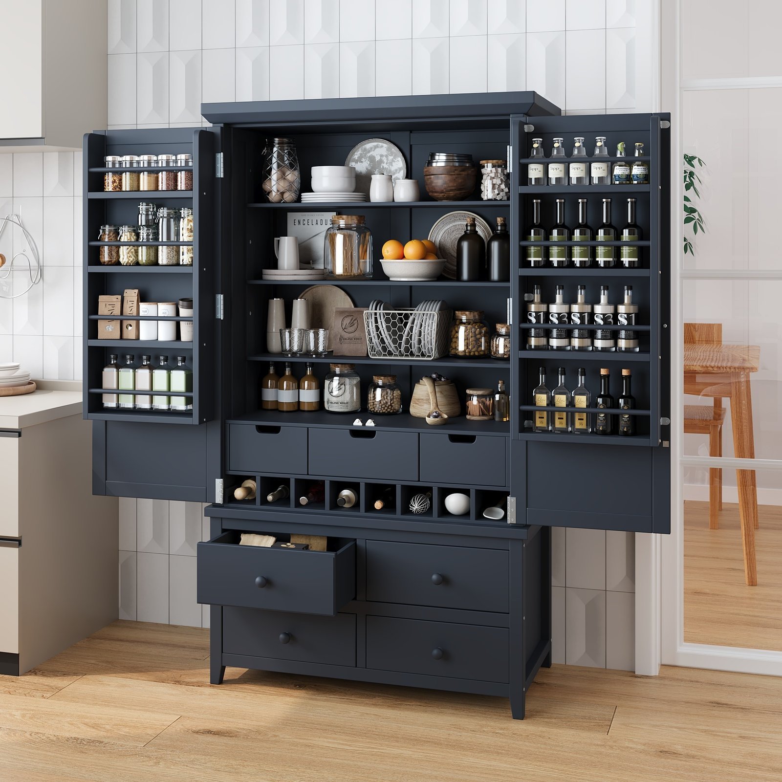 Assembly&Show Video Available TOPMAx Freestanding Large Kitchen Pantry Wooden Kitchen Storage Cabinet Cupboard With 8 Door Shelves 3 Adjustable Shelves 7 Drawers& 8 Wine Racks Gray