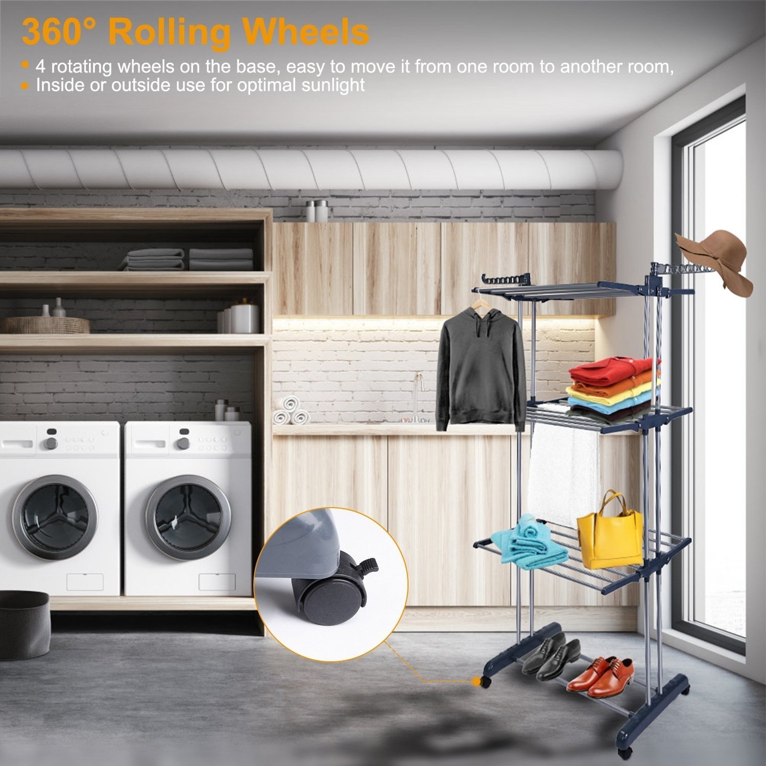 1Pc Clothes Drying Rack Rolling Collapsible Laundry Dryer Hanger Stand Rail Shelve Wardrobe Clothing Drying Racks With Dual Side Wings - Image 9