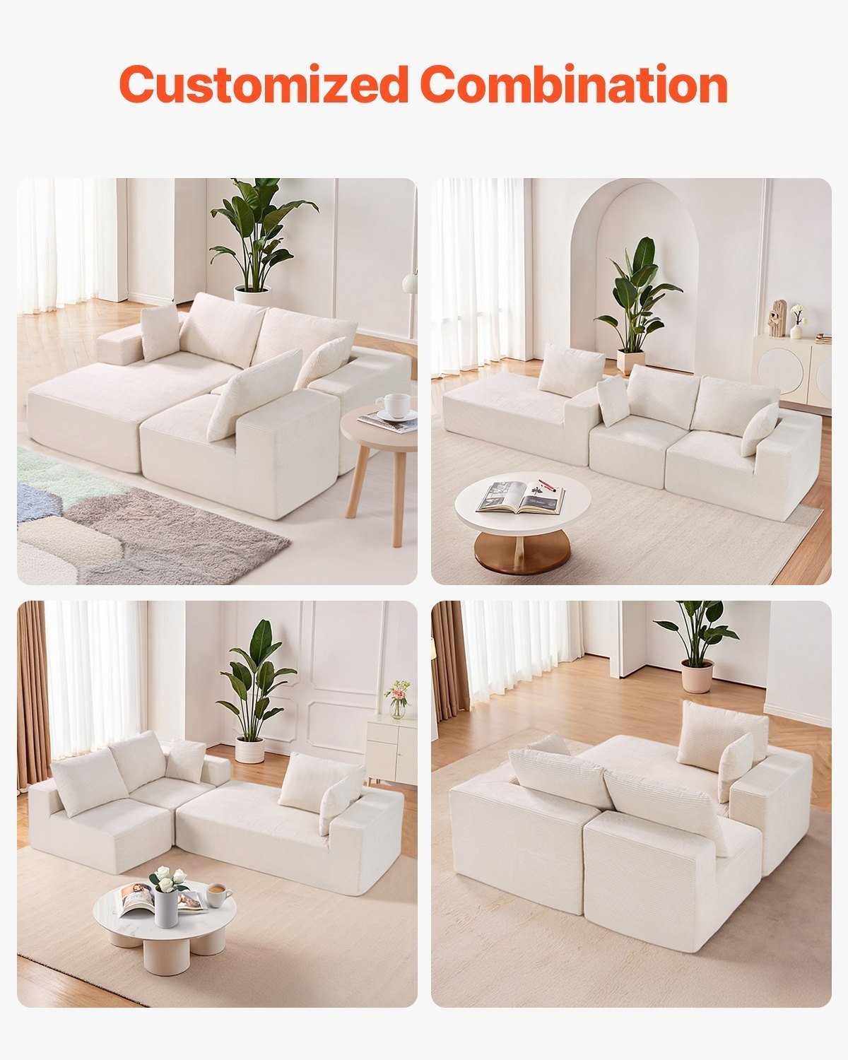 Modular Sectional Sofa, L Shaped Modular Sofa With Chaise, Cloud Sectional Couch With High Rebound Sponge And Density, Upholstered Corduroy Couch With Cushion For Living Room, Apartment, Beige - Image 3