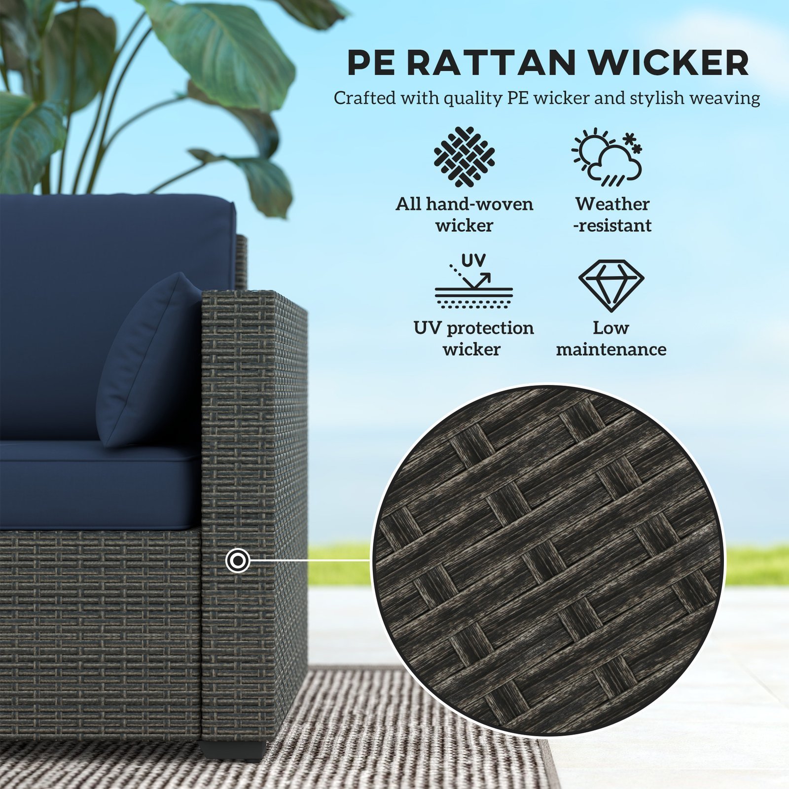 Patio Couch PE Wicker Deep Seating Outdoor Sofa With Removable Cushions, 3 Seater Rattan Sofa, Outdoor Furniture For Balcony, Deck, Garden And Poolside, Navy Blue - Image 3