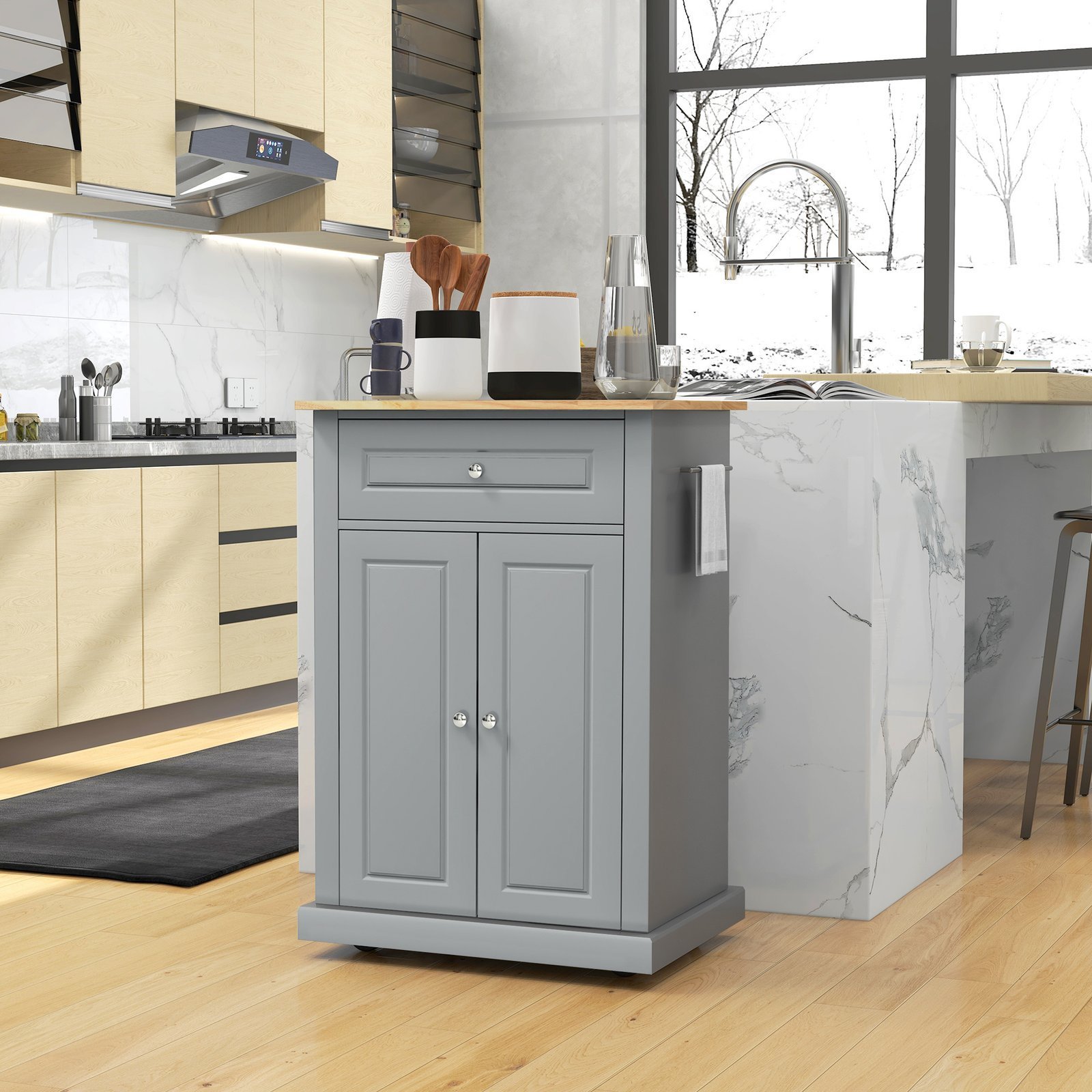 Rolling Kitchen Island Cart, Portable Serving Trolley Table with Drawer, Adjustable Shelf and 2 Towel Racks, Grey - Image 2