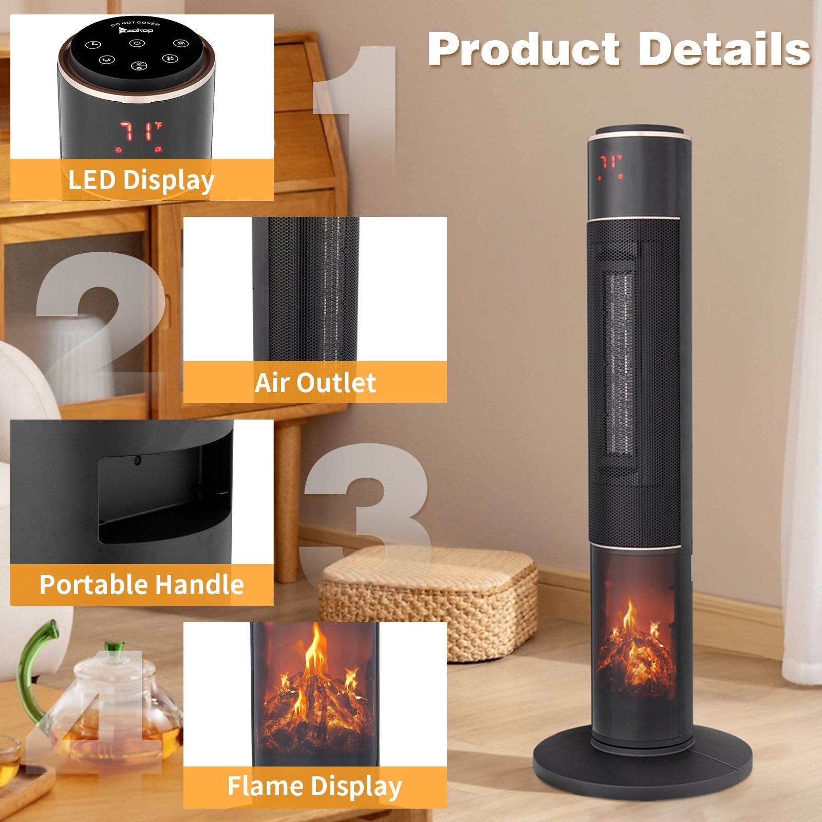 33inch Tower Space Heater With 3D Flame, 1500W Portable Electric Heater With Thermostat, 60 Degrees Oscillation, Timer, Remote Control, For Indoor Bedroom Office Home, Black - Image 7