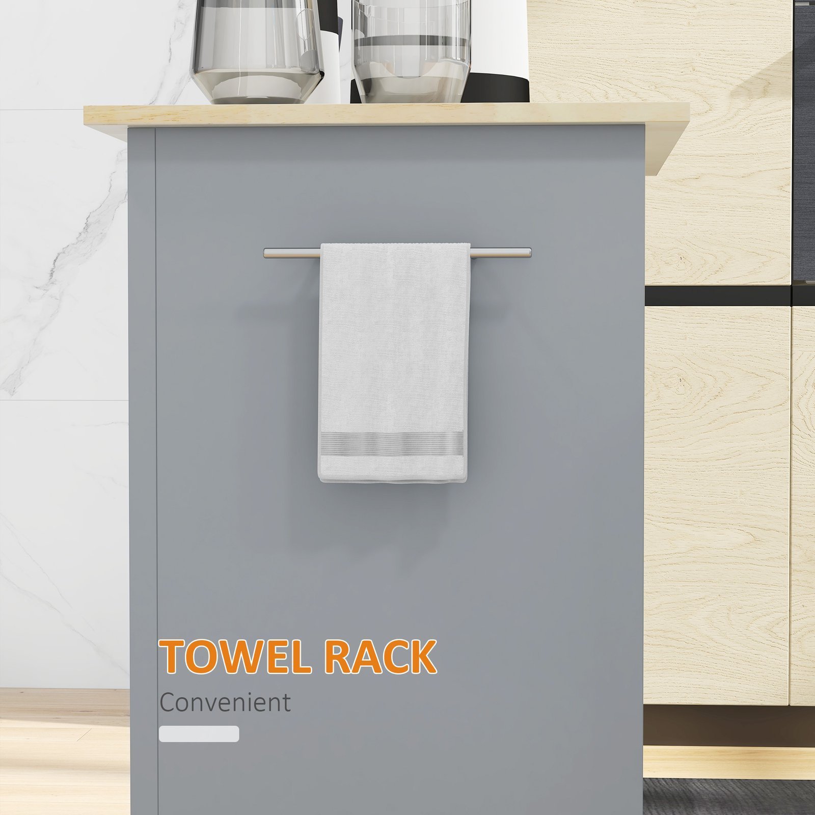 Rolling Kitchen Island Cart, Portable Serving Trolley Table with Drawer, Adjustable Shelf and 2 Towel Racks, Grey - Image 8
