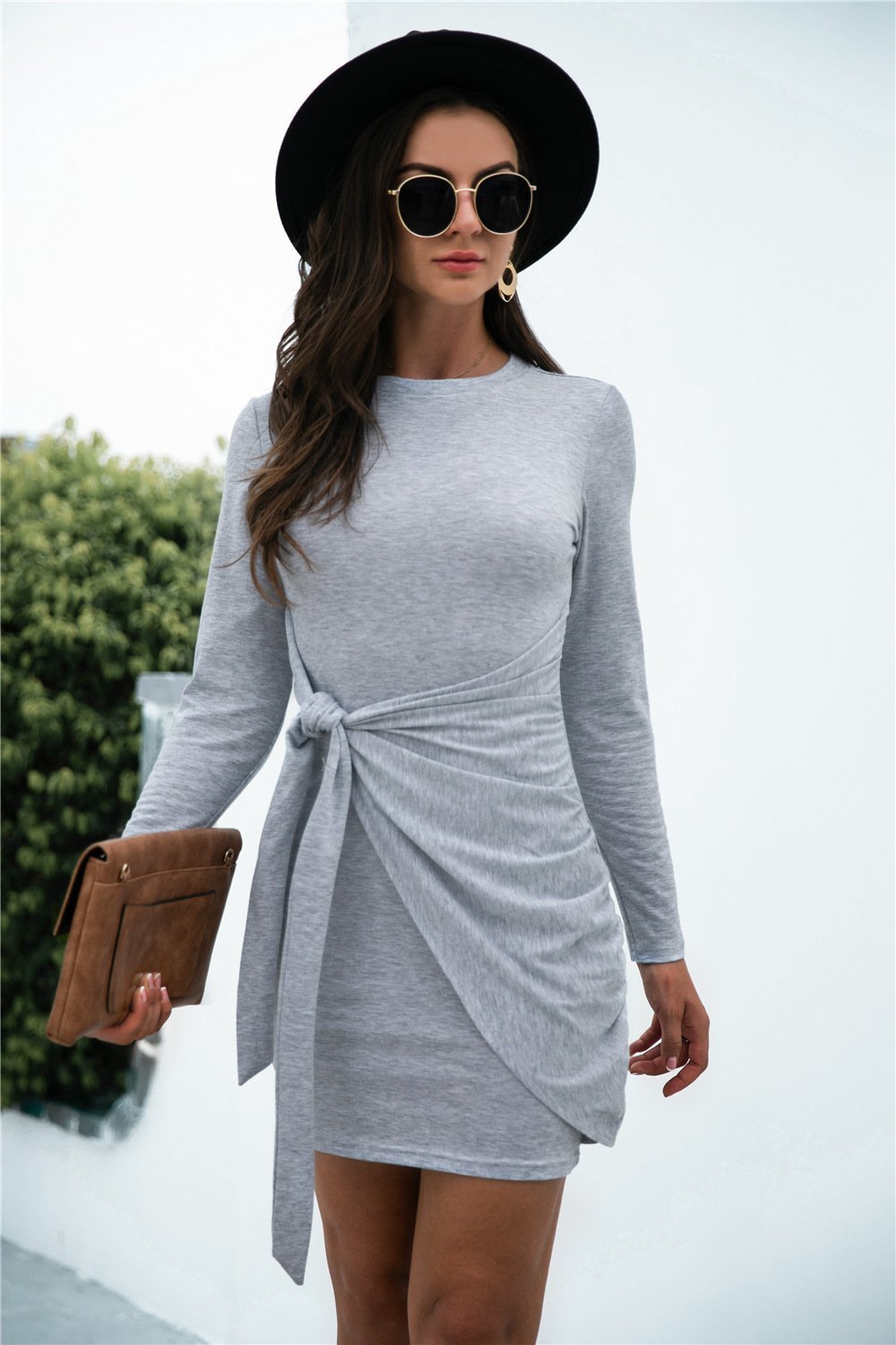 Hot Long Sleeve Round Neck Tie Solid Color Dress - Image 5