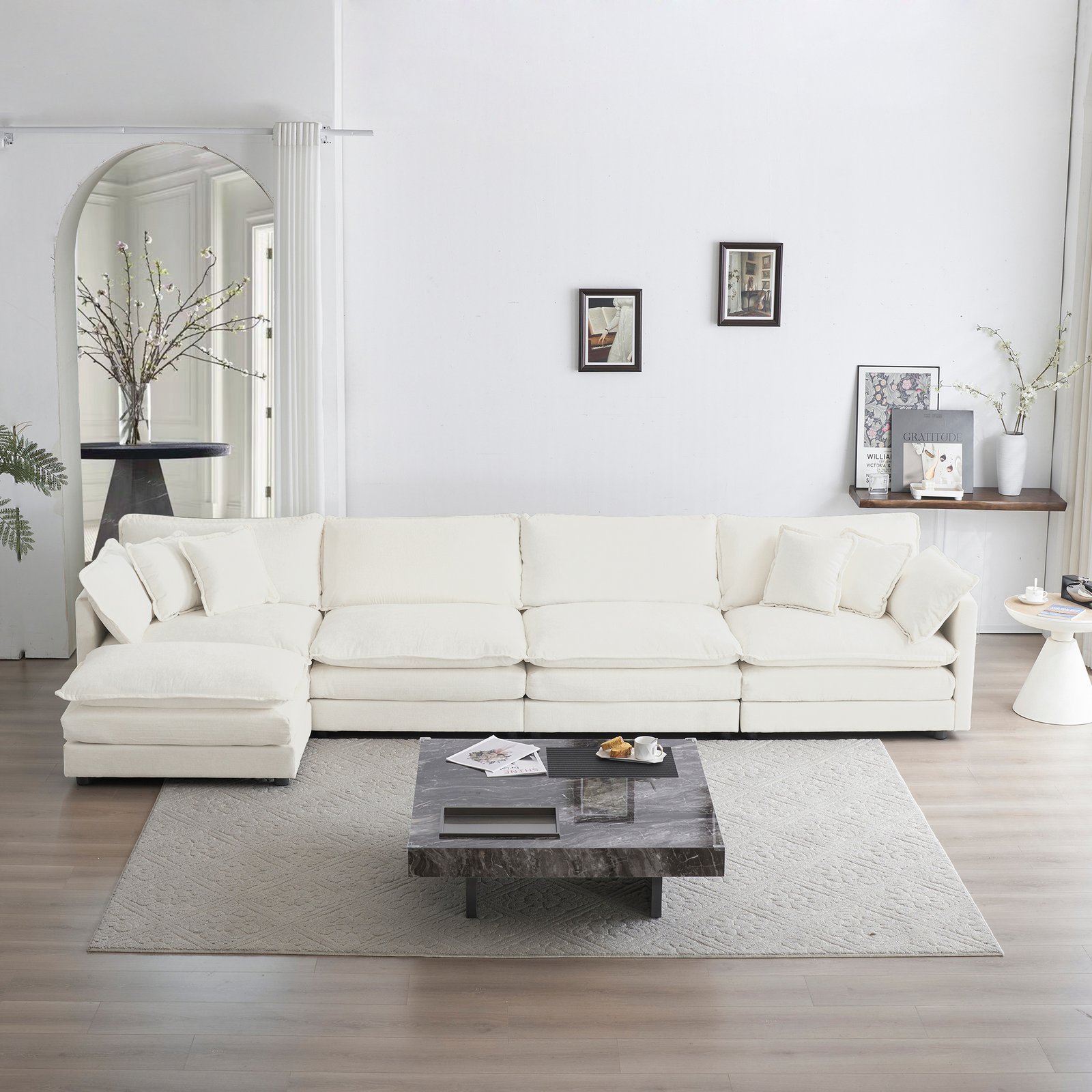 Modular Sectional Sofa For Living Room,U Shaped Couch 5 Seater Convertible Sectional Couch With 1 Ottoman ,White Chenille - Image 5
