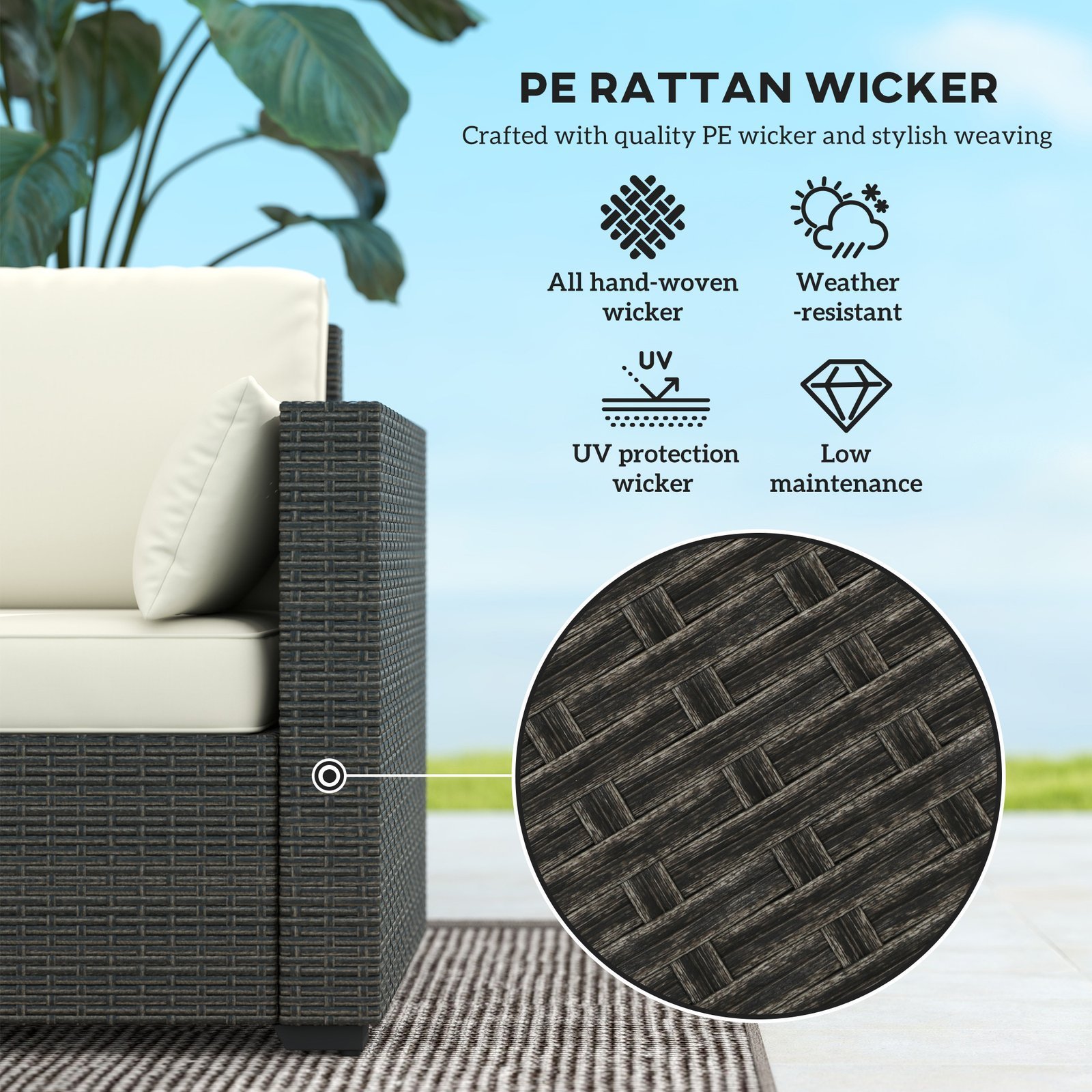 Patio Couch PE Wicker Deep Seating Outdoor Sofa With Removable Cushions, 3 Seater Rattan Sofa, Outdoor Furniture For Balcony, Deck, Garden And Poolside, Cream White - Image 4