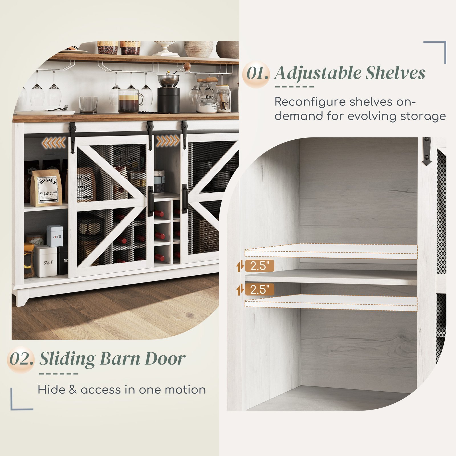 55" Coffee Bar Cabinet with Lights, Farmhouse Wine Cabinet with Wine and Glass Racks for Kitchen, Dining Room, White - Image 5