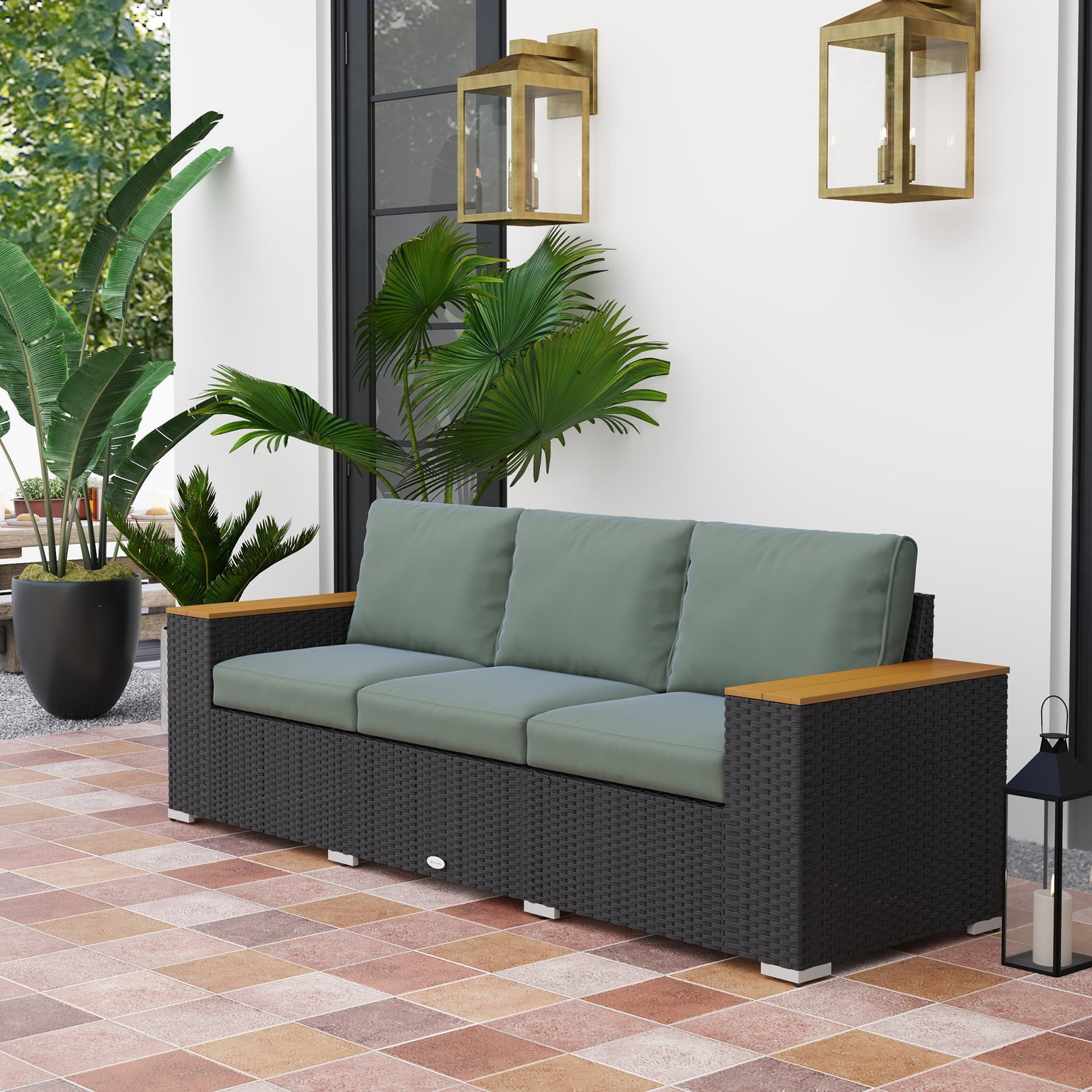 3-Seat Outdoor Patio Sofa With Cushions, PE Rattan Wicker Sofa With Wide Armrests, Outdoor Wicker Couch, Dark Gray - Image 4