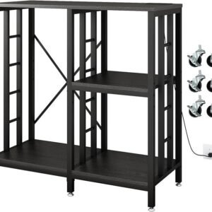 Adjustable Kitchen Bakers Rack with Power Outlet,4-Tier Microwave Stand Kitchen Cart,Mini Fridge Stand with Storage,Bar Cabinet,Suitable for Office,Coffee Bar,Living Room,Patio, Black
