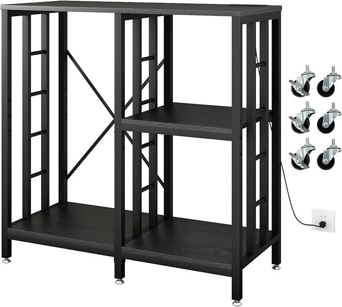 Adjustable Kitchen Bakers Rack with Power Outlet,4-Tier Microwave Stand Kitchen Cart,Mini Fridge Stand with Storage,Bar Cabinet,Suitable for Office,Coffee Bar,Living Room,Patio, Black