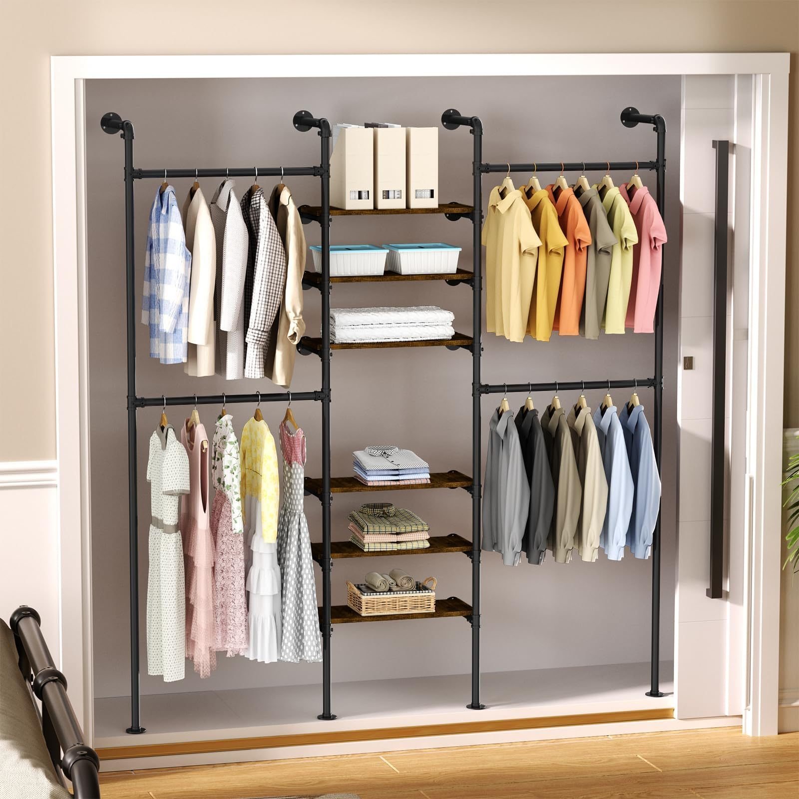 Industrial Pipe Clothing Racks, Wall Mounted Clothing Rack,Heavy Duty Garment Rack Closet Wardrobe Rack With Shelves,Closet Clothes Rack,Walk-in Pipe Closet System