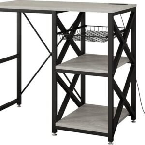 Kitchen Bakers Rack with Power Outlet,Mini Fridge Cabinet with Mesh Basket, Mini Fridge and Microwave Table with Storage for Office,Kitchen,Living Room,Coffee Bar,Patio,Greige