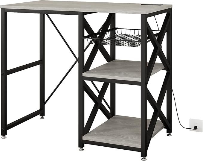 Kitchen Bakers Rack with Power Outlet,Mini Fridge Cabinet with Mesh Basket, Mini Fridge and Microwave Table with Storage for Office,Kitchen,Living Room,Coffee Bar,Patio,Greige