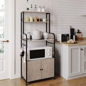 4-Tier Kitchen Bakers Rack with Storage Cabinet and Hutch, Microwave Oven Stand Coffee Bar Pantry Cabinet with 8 S Hooks, Freestanding Kitchen Shelves Spice Rack, Gray