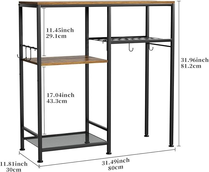 Consumest Microwave Stand, Adjustable Coffee Bar Cabinet, Multifunctional Pan Organizer with 6 Hooks and 3 Shelves, Bakers Rack for Shovel, Pots, Fruits, Vegetables, Brown&Black - Image 2