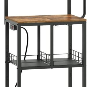 Bakers Rack with Power Outlet, Microwave Stand with Paper Holder, Coffee Bar Station with Wine Glass Holder, 4-Tier Kitchen Storage Rack for Dining Room, Living Room, Rustic Brown HB02UBR
