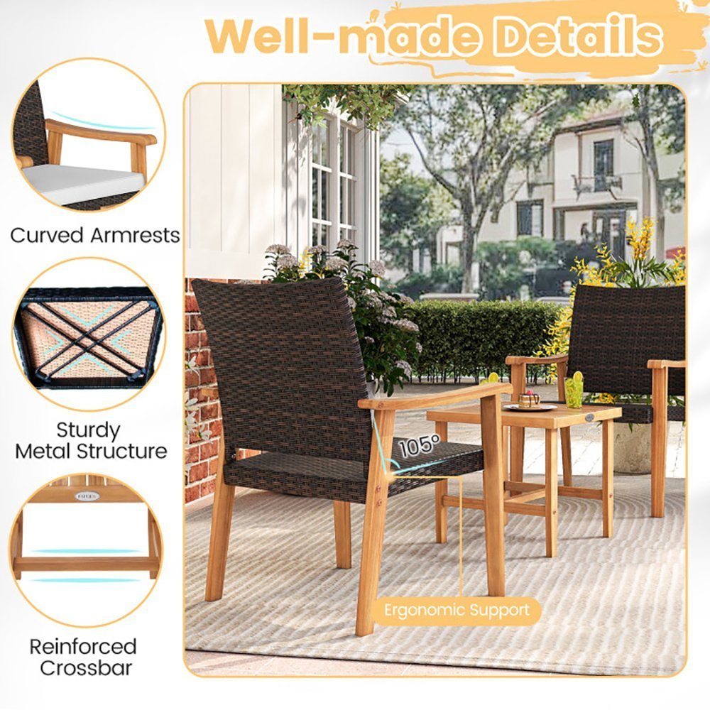 3 Pieces Patio PE Wicker Furniture Set Acacia Wood Outdoor Conversation Bistro Set - Image 9