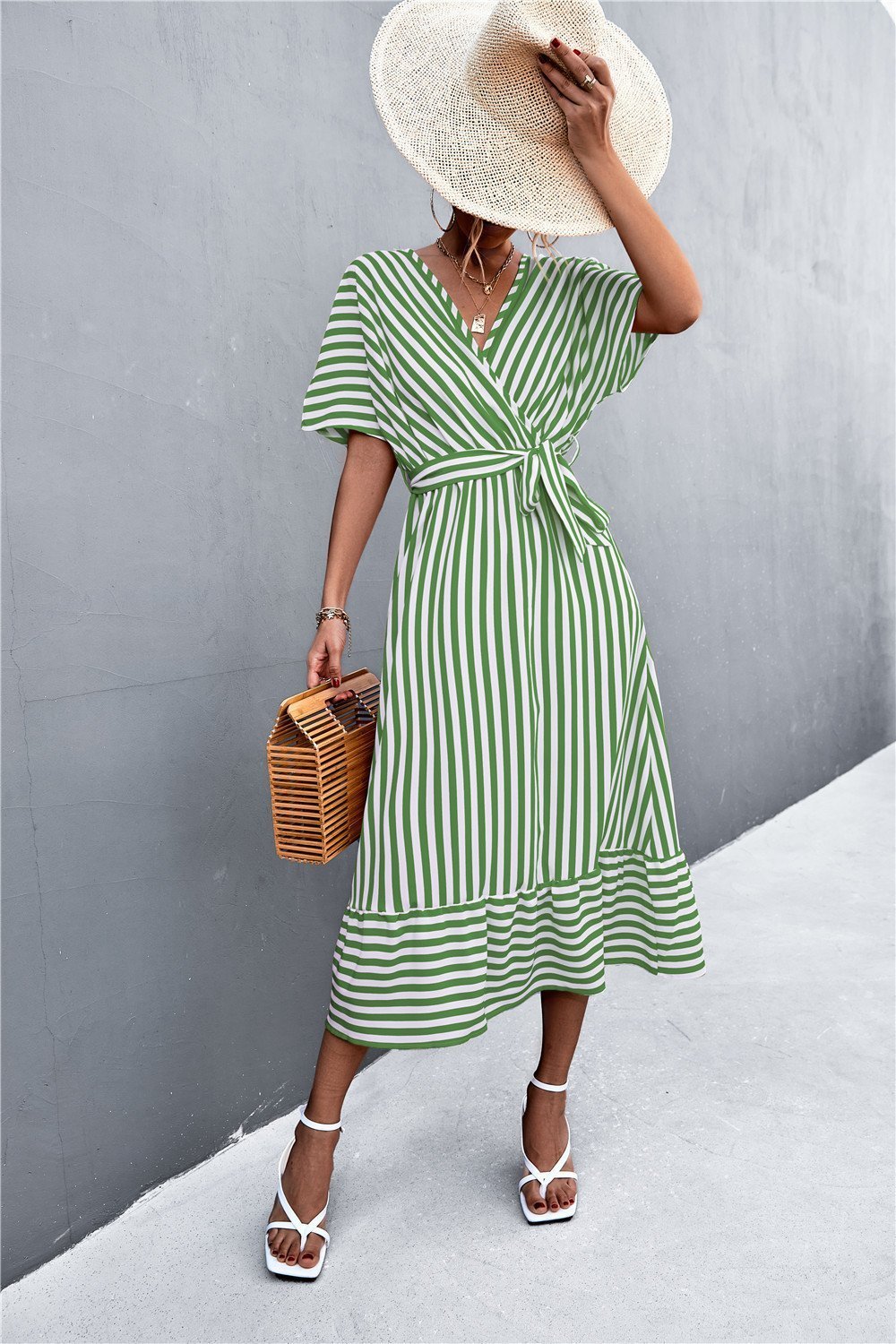 European And American Spring And Summer Cross V-neck Lace-up Striped Dress - Image 3