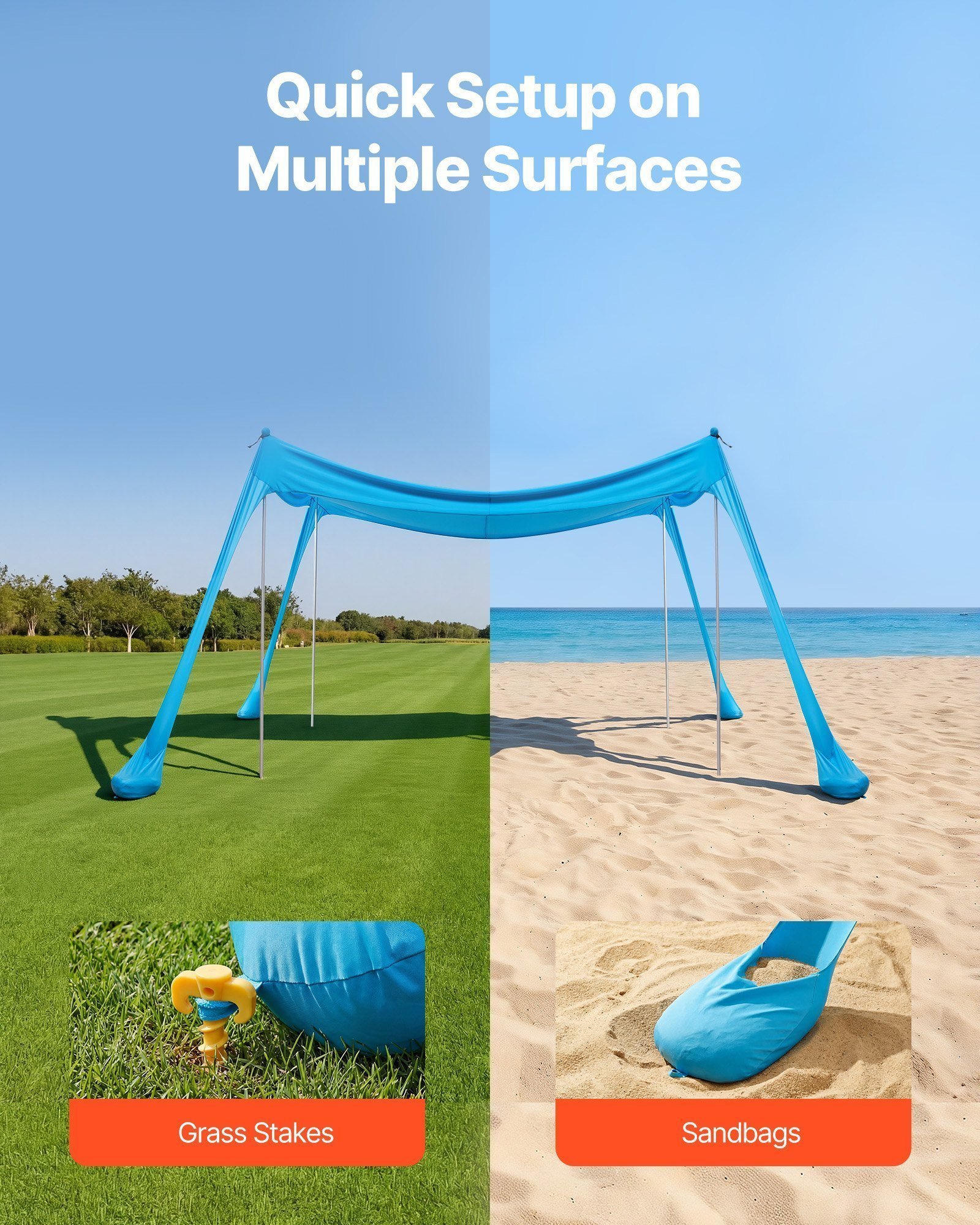 Beach Tent Sun Shelter, UPF50+ Sun Protection, 6.6 Ft Tall, 10x10 Ft, Easy Pop Up Beach Canopy With 4 Sandbags, Stability Poles, Sand Shovels, Portable Shade For Family Outings, Camping, Fishing - Image 4