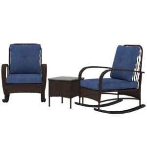 3 Piece Wicker Patio Furniture Set, Outdoor PE Rattan Rocking Chairs With Coffee Table, Cushions For Porch, Brown