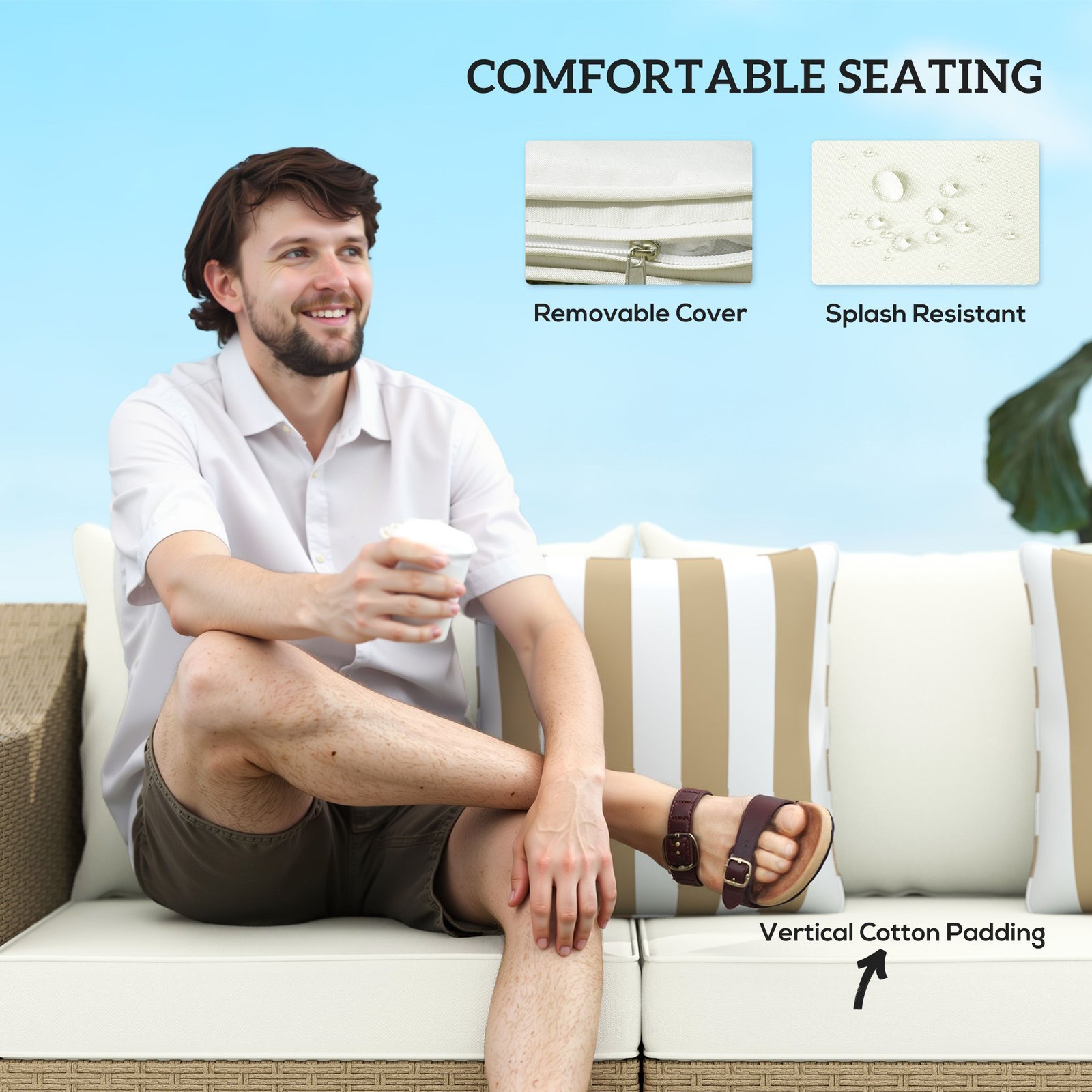 Rattan Wicker 3 Seater Patio Couch With Cushions, 2 Throw Pillows, Outdoor Furniture Rattan Sofa, Cream White - Image 4