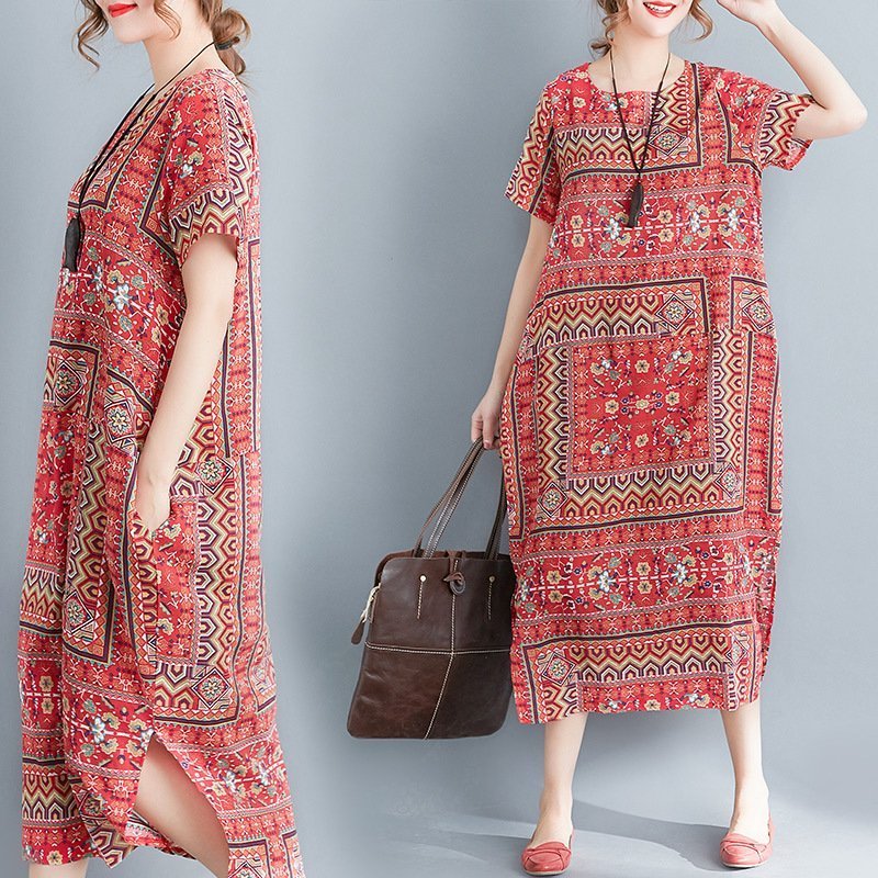 Literary Retro Loose Print Ethnic Style Dress For Women