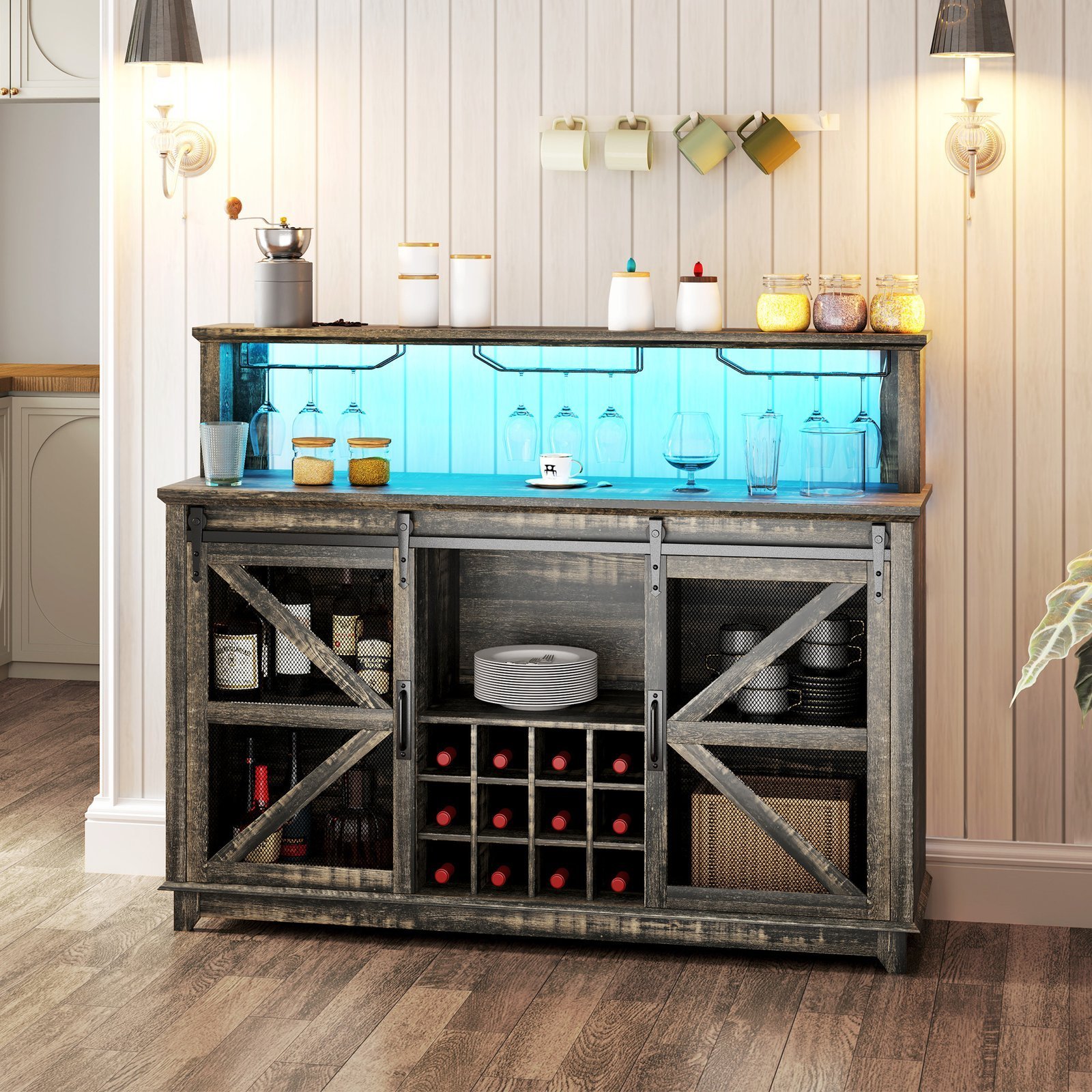 55" Coffee Bar Cabinet with Lights, Farmhouse Wine Cabinet with Wine and Glass Racks for Kitchen, Dining Room, Brown - Image 5