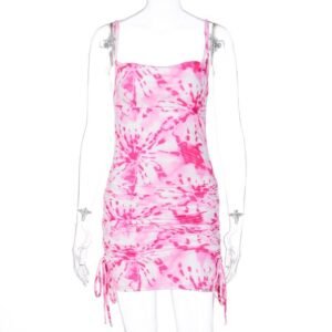 European And American  Personality Fashion Drawstring Sling Dress Women Autumn And Winter Print