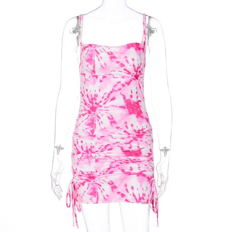 European And American Personality Fashion Drawstring Sling Dress Women Autumn And Winter Print