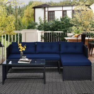 3 Piece Patio Furniture Set, Rattan Outdoor Sofa Set with Chaise Lounge & Loveseat, Soft Cushions, Tempered Glass Table, L-Shaped Sectional Couch, Blue