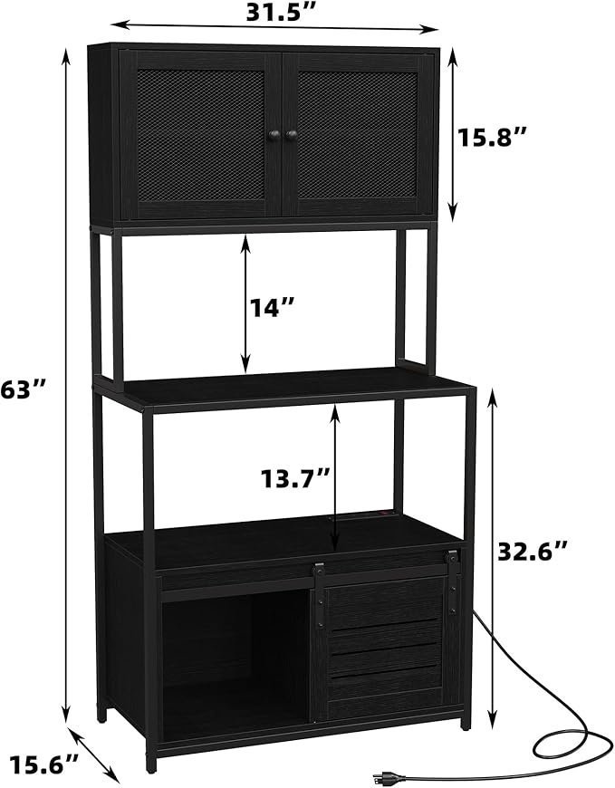 Furniouse 6-Tier Kitchen Bakers Rack with Power Outlet, Industrial Microwave Oven Stand with Shelves, Kitchen Utility Storage Shelf with Cabinet, Standing Storage Rack (Black) - Image 3