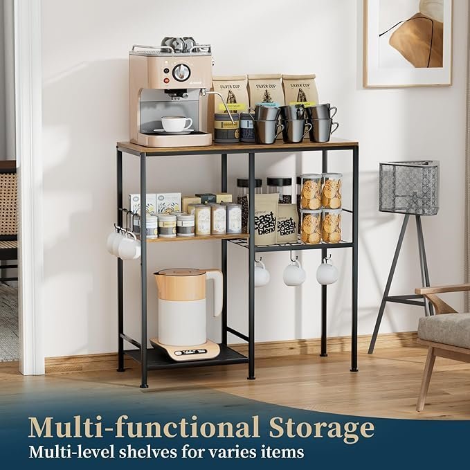 Consumest Microwave Stand, Adjustable Coffee Bar Cabinet, Multifunctional Pan Organizer with 6 Hooks and 3 Shelves, Bakers Rack for Shovel, Pots, Fruits, Vegetables, Brown&Black - Image 3