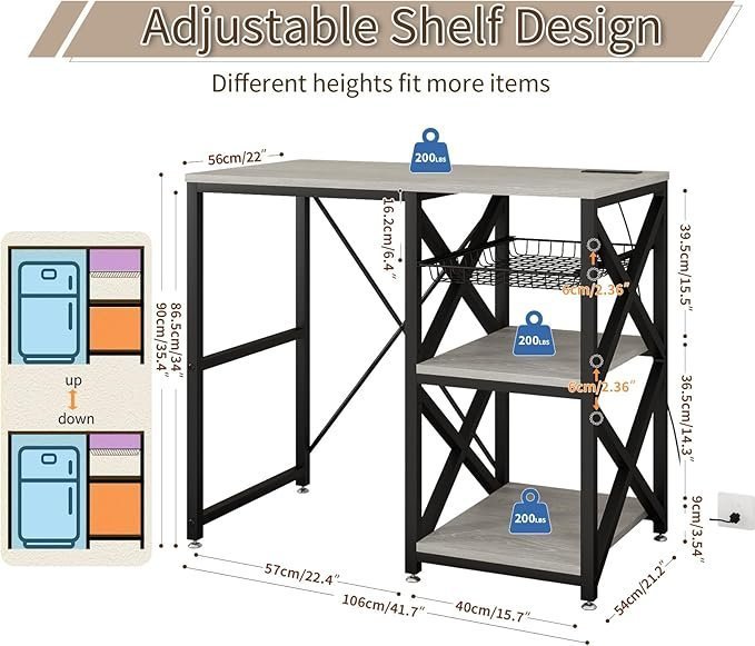 Kitchen Bakers Rack with Power Outlet,Mini Fridge Cabinet with Mesh Basket, Mini Fridge and Microwave Table with Storage for Office,Kitchen,Living Room,Coffee Bar,Patio,Greige - Image 3