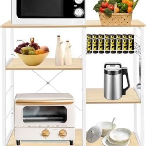 White Oak Kitchen Storage Cart Workstation Shelf, Coffee Bar, for Kitchen, Dining Room Storage Shelf for Spices Pots Pans, Home Coffee Bar Rack for Kitchen 35.4" L x 15.7" W x 33" H
