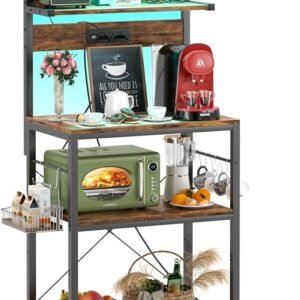 Bakers Rack with Power Outlet, Microwave Stand, 5 Tiers Coffee Bar Station with Led Lights, Kitchen Storage Shelf with 6 S-shaped Hooks, Kitchen Rack for Spices, Pots and Pans, Rustic Brown