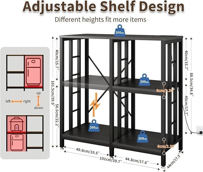 Adjustable Kitchen Bakers Rack with Power Outlet,4-Tier Microwave Stand Kitchen Cart,Mini Fridge Stand with Storage,Bar Cabinet,Suitable for Office,Coffee Bar,Living Room,Patio, Black - Image 3