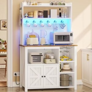 35.4 inch Bakers Rack with Power Outlet and Storage, Farmhouse Coffee Bar