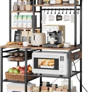 Kitchen Bakers Rack with Power Outlets, 35.4x15.7x70.9 Inch Microwave Stand with Built-in Power Strip & 5 Ft Cord, 10 S-Shaped Hooks, for Dish Storage, Spice Jars, Coffee Bar Organization