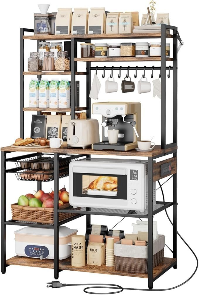 Kitchen Bakers Rack with Power Outlets, 35.4x15.7x70.9 Inch Microwave Stand with Built-in Power Strip & 5 Ft Cord, 10 S-Shaped Hooks, for Dish Storage, Spice Jars, Coffee Bar Organization