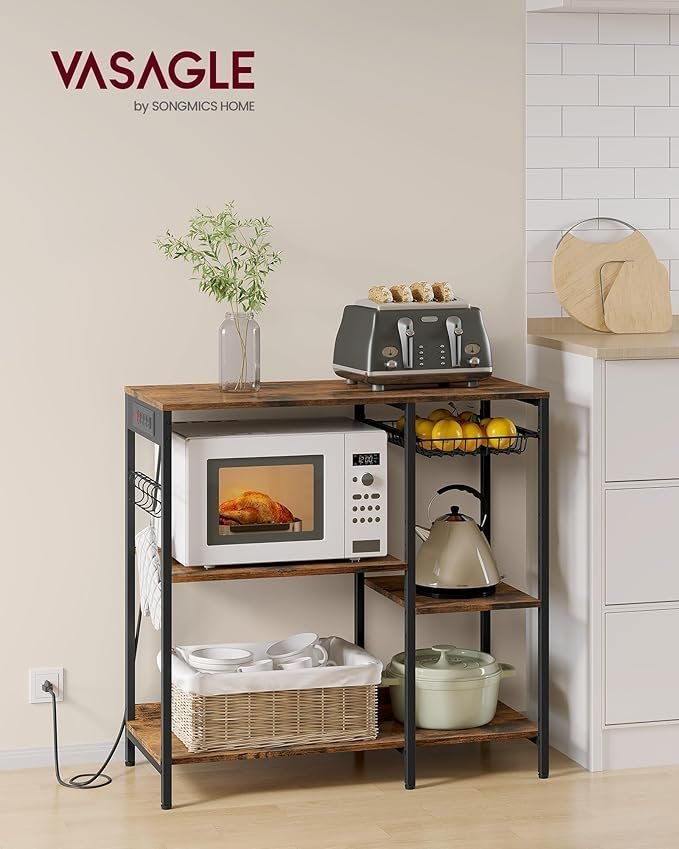 Baker's Rack, Coffee Bar Stand with Charging Station, 35.6 Inches Tall, Storage Shelves, Pull-Out Wire Basket, Table for Microwave - Image 3