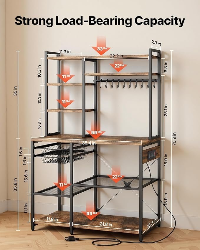 Kitchen Bakers Rack with Power Outlets, 35.4x15.7x70.9 Inch Microwave Stand with Built-in Power Strip & 5 Ft Cord, 10 S-Shaped Hooks, for Dish Storage, Spice Jars, Coffee Bar Organization - Image 3