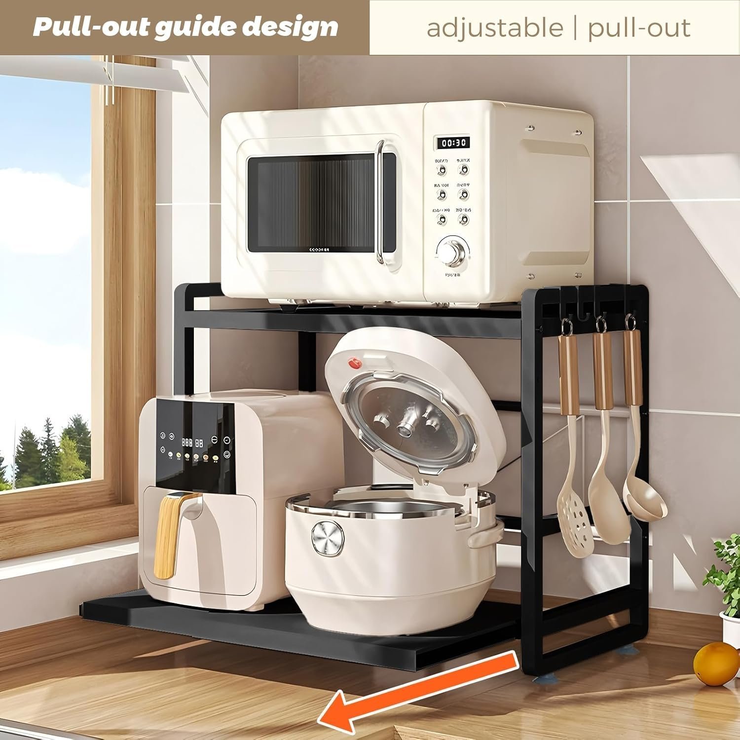 Adjustable & Extendable Kitchen Shelf with Drawer - Carbon Steel - Includes Hooks & Reinforcement Suction Cups - Easy Assembly (Black) - Image 4