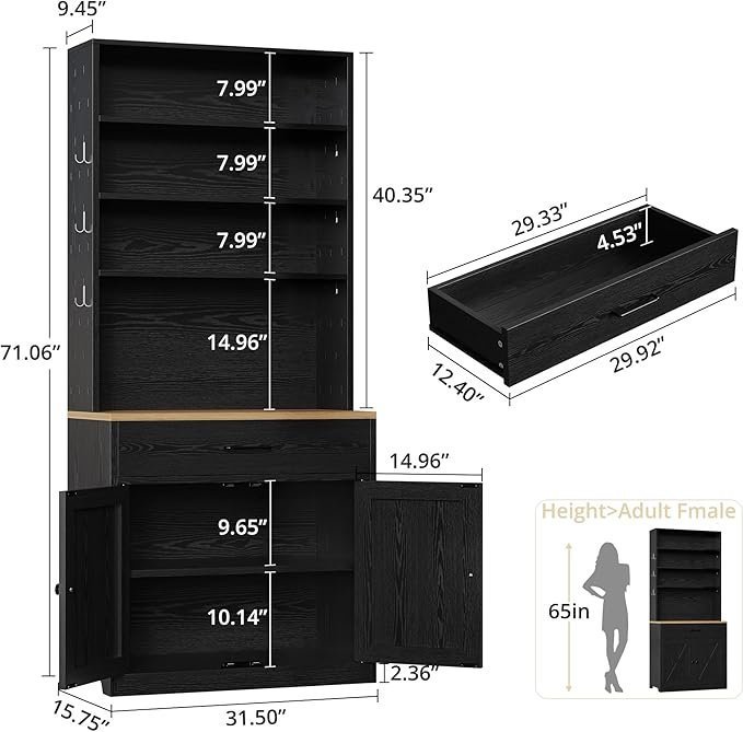 Bakers Rack Microwave Stand with Customizable Pegboard and Storage, 71" Farmhouse Coffee Bar Cabinet with Drawer, Barn Doors, Adjustable Shelves for Kitchen, Dining Room, Living Room, Black - Image 2