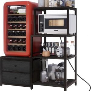 Mini Fridge Stand with Storage, Microwave and mini Fridge Stand with Power Outlet, Coffee Bar,Kitchen Baker,for Dorm,Office(Black)